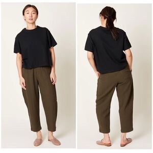 7115 By Szeki Deep Moss Green Linen Signature Elastic Pull-Up Trouser Pants